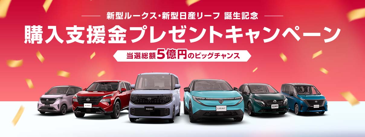 新型ルークス・新型日産リーフ 誕生記念 購入支援金プレゼントキャンペーン 当選総額5億円のビッグチャンス