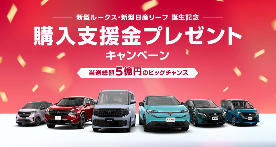 新型ルークス・新型日産リーフ 誕生記念 購入支援金プレゼントキャンペーン 当選総額5億円のビッグチャンス