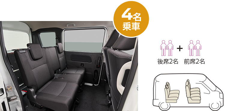 車いすを乗せない時はリヤシートに2名座る事ができます。
